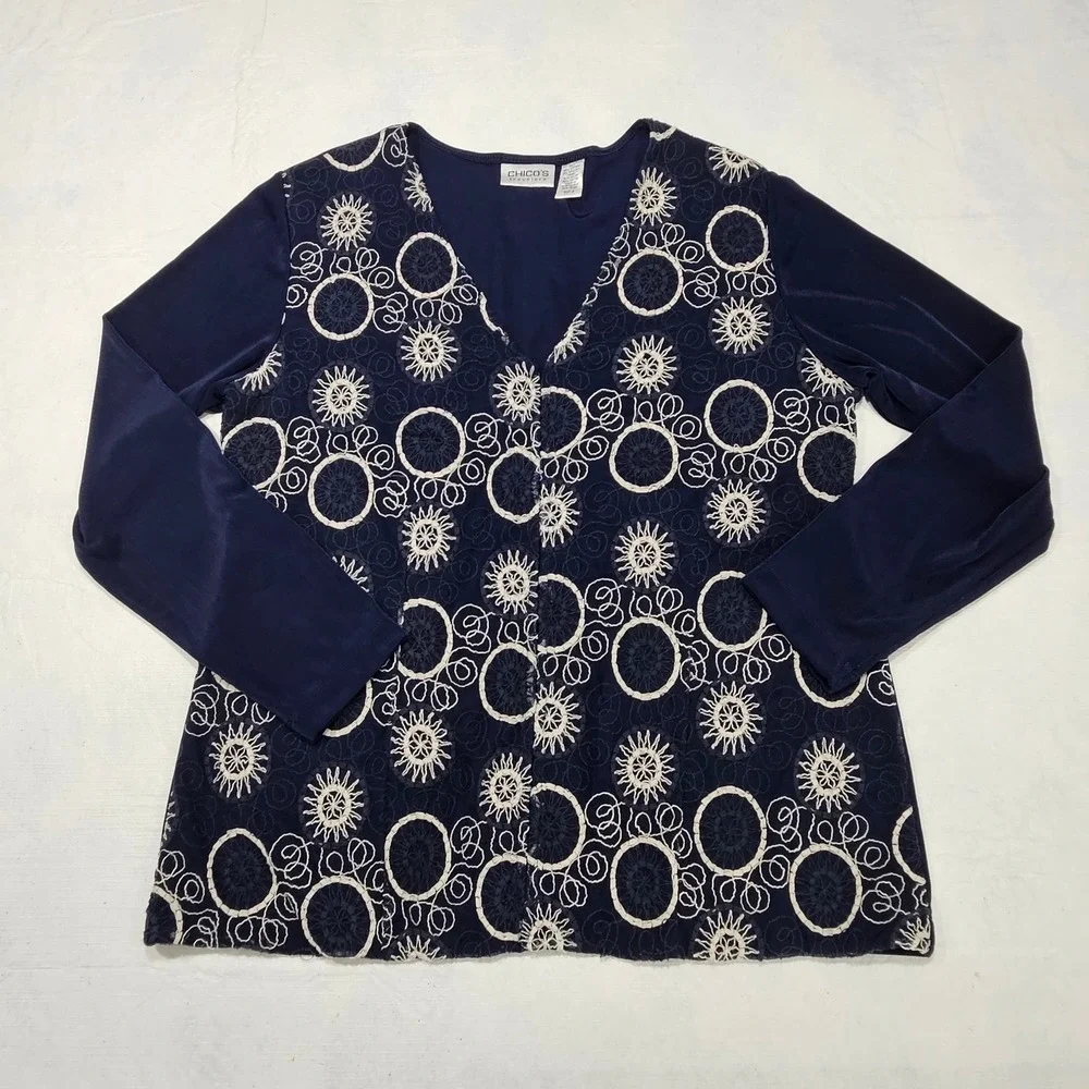Navy Blue Embroidered Mesh Front Hook‎ and Eye Cardigan Long Sleeve V-Neck